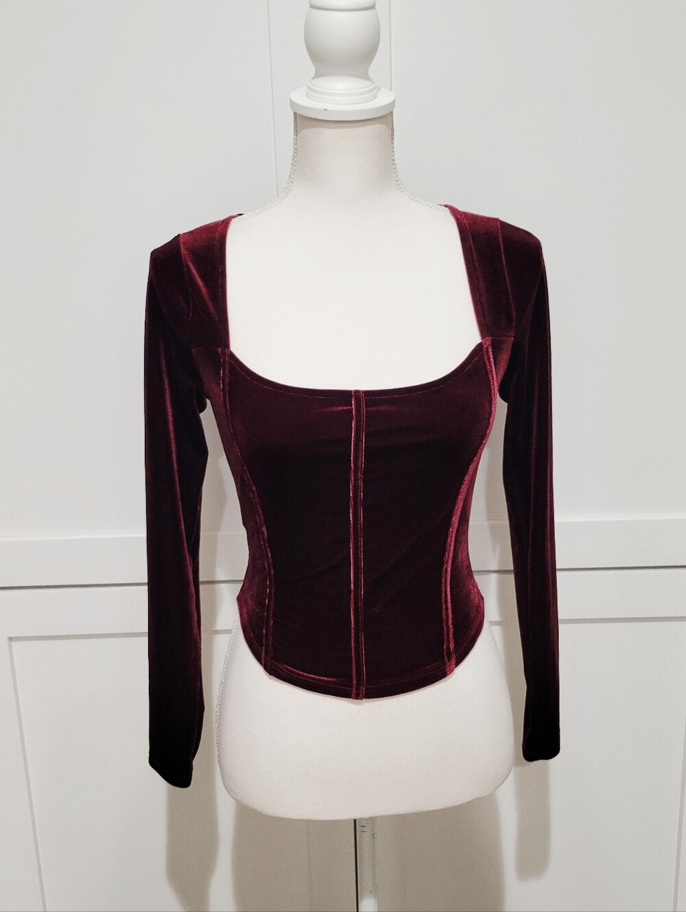 Lush Burgundy Velvet Corset Top Long Sleeve Bustier Festival Ren Fair Women’s XS